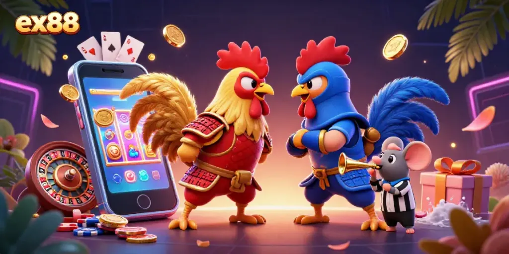 Engage in the electrifying showdown of roosters in samurai and ninja attire surrounded by casino games featuring ex88 branding.