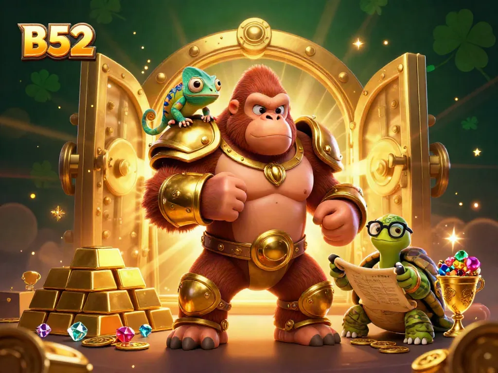 B52 casino adventures featuring a powerful gorilla king and colorful chameleon amidst treasure and gems.