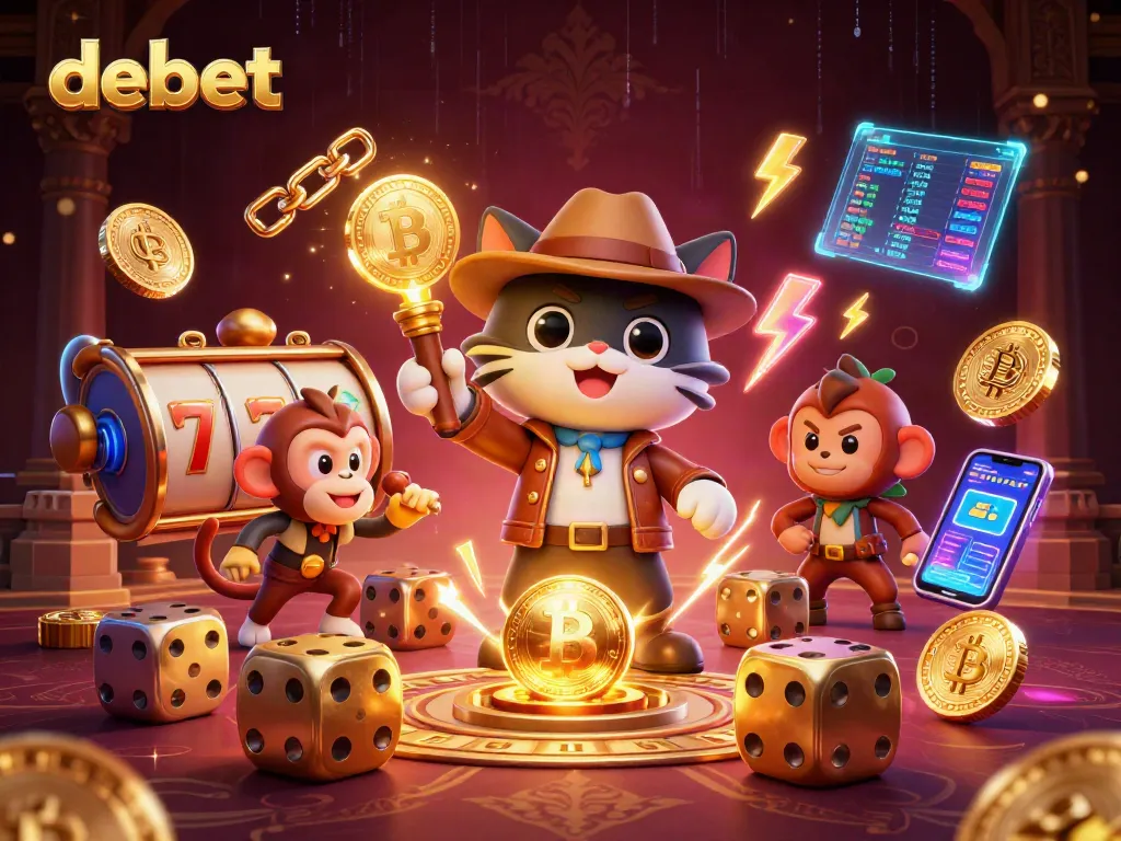 Experience thrilling gaming at debet with a cartoon explorer and golden casino artifacts.