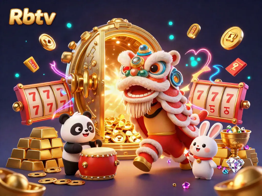 Rbtv menampilkan festival dengan simpati kucing dan elemen perjudian mewah, termasuk gulungan slot dan koin emas.