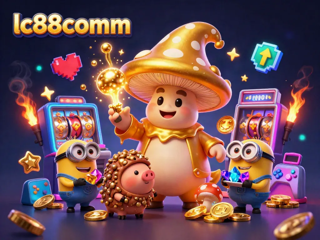 Experience thrilling gameplay with lc88comm through an engaging scene of a magical wizard and treasure-finding creatures amidst vibrant slot machines.