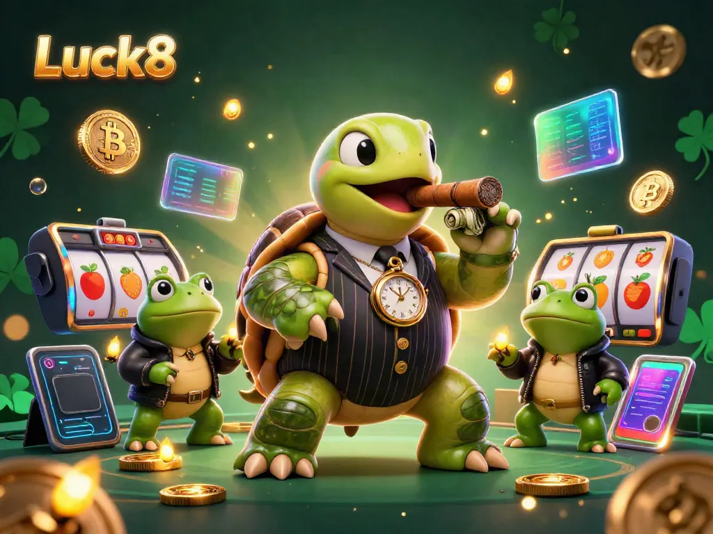 Experience Luck8's thrilling casino atmosphere with a snapping turtle mobster and frog enforcers, highlighted by vibrant gaming elements.