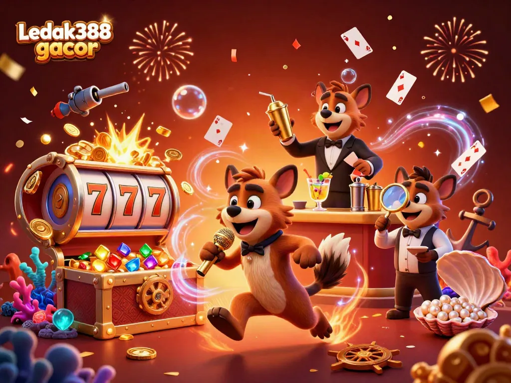 Engage with Ledak388 gacor in a dynamic casino scene featuring hyenas and vibrant game elements.