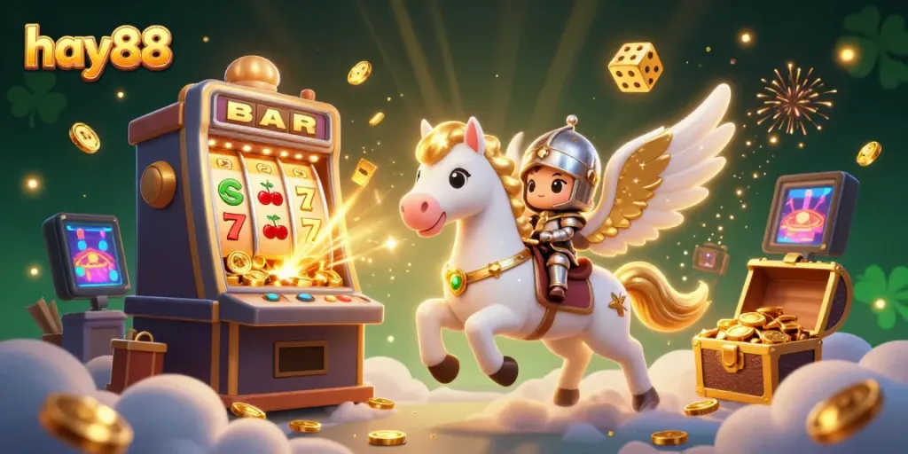 Experience the fun of hay88 with a celestial horse, golden coins, and dynamic slot machines in a colorful scene.