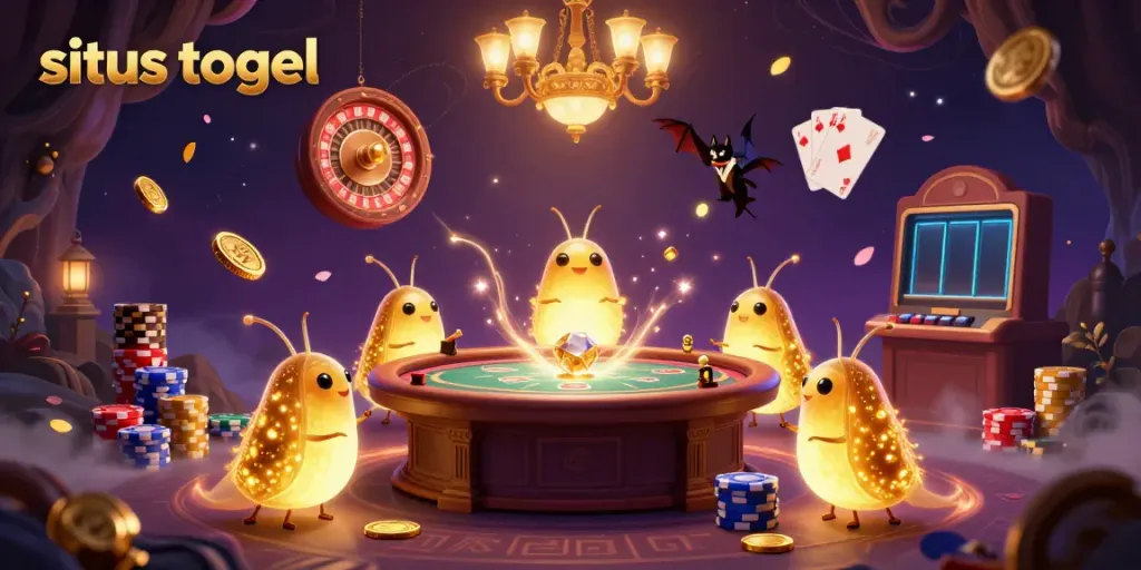Experience the excitement of situs togel in a vibrant 3D casino scene with glowworms and a bat dealer.