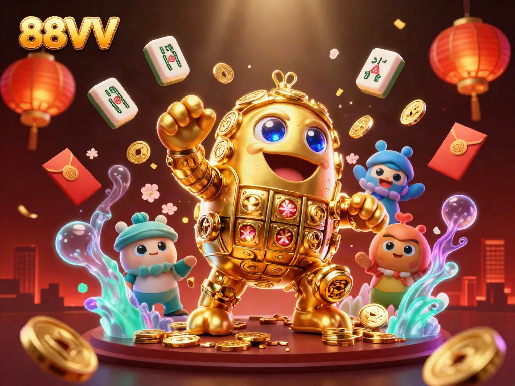 Join the excitement at 88VV with a golden golem amidst vibrant casino elements.