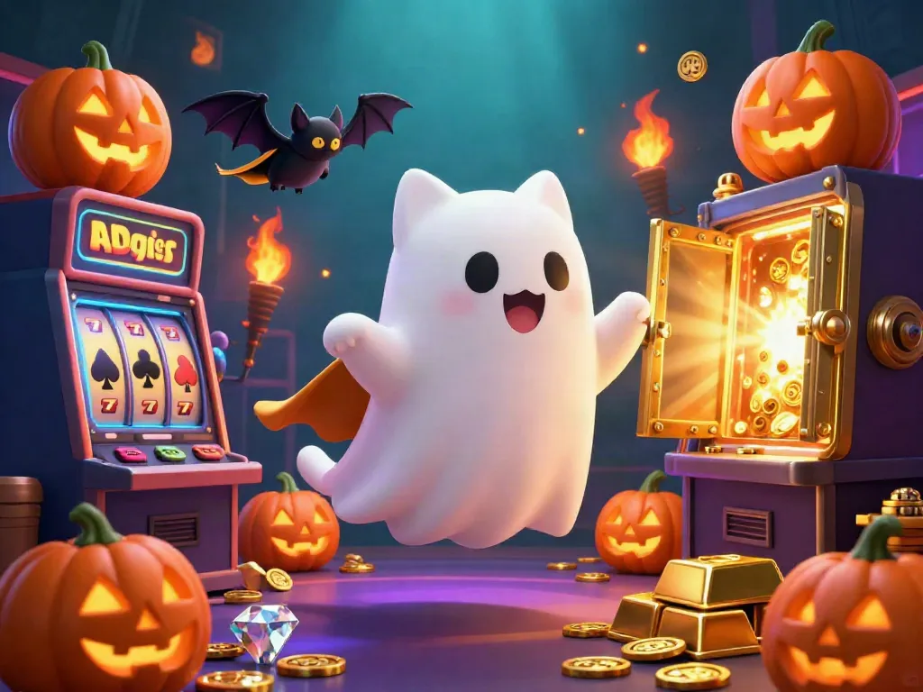 Experience the thrill of Hit club gambling with ghost cat and vampire bat surrounded by vibrant casino treasures.