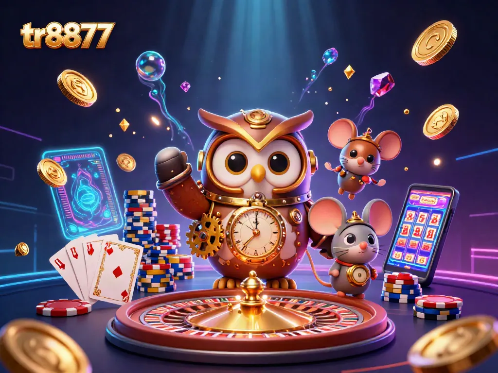 tr8877 slots come to life with a vibrant 3D illustration of an owl and mouse amid casino action.