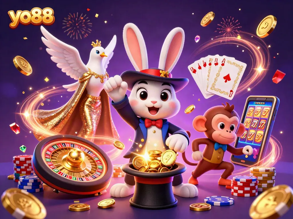 Spin and win at yo88 with a magician rabbit, dove, and monkey in a thrilling casino scene.