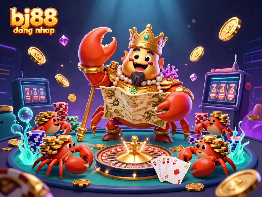 Experience exciting gameplay at BJ88 dang nhap with a golden crab emperor in a vibrant casino scene.