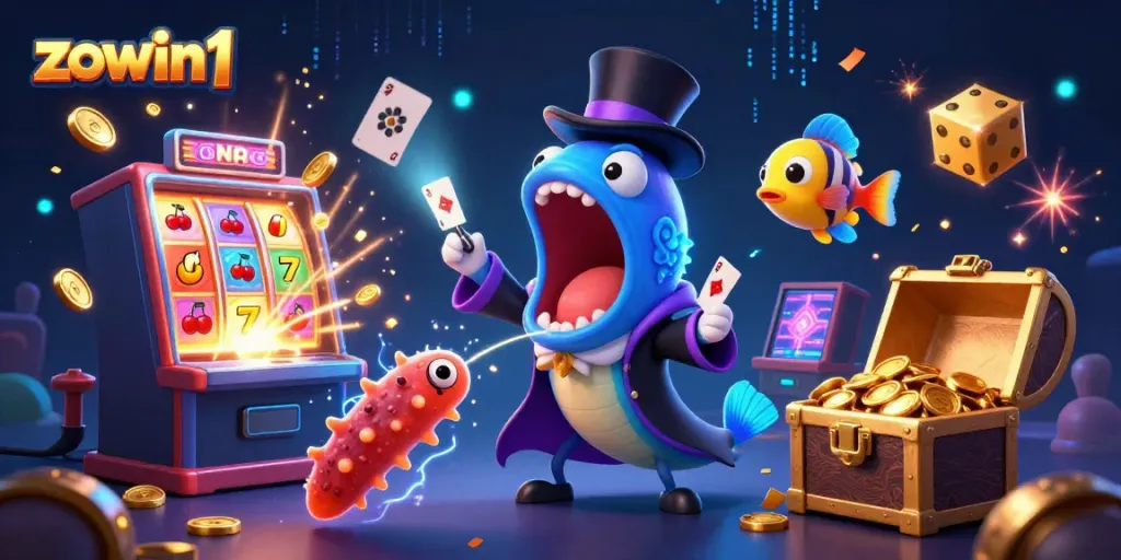 Catch thrilling casino moments with zowin1 in an electrifying 3D illustration of a magician eel and friends.