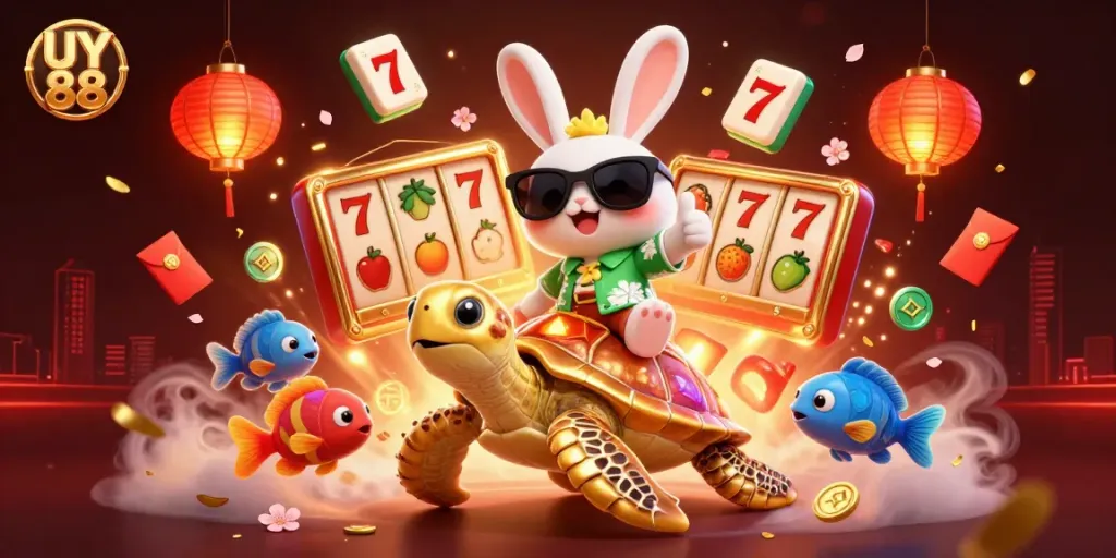Spin the reels at UY 88 with a lucky rabbit and golden turtle bringing vibrant casino action.