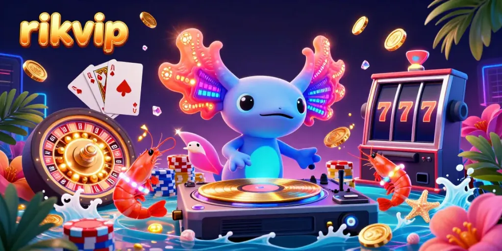 Experience the vibrant energy of rikvip through a neon axolotl DJ spinning records amidst cascading golden coins and poker chips.