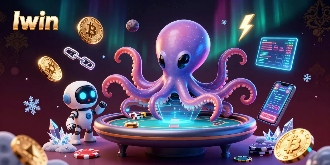 Iwin showcases a vibrant casino scene where an alien octopus operates a poker table amidst dynamic crypto elements.