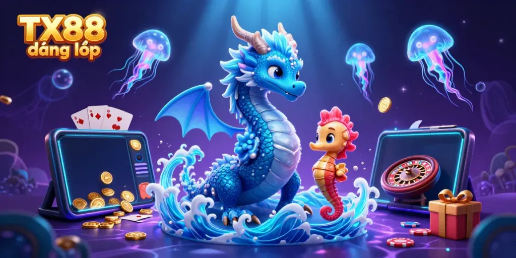 Experience TX88 đăng nhập with vibrant animations of a dragon and seahorse knight amidst casino gaming elements.