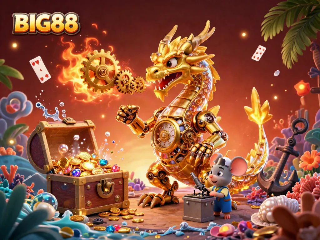 Engage with the dynamic and colorful world of BIG88 featuring a golden dragon and vibrant treasures in a 3D illustration.