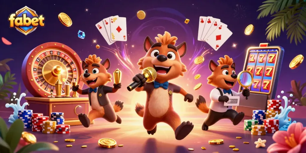 Fabet offers immersive experiences with vibrant hyenas in a casino setting, celebrating winnings and excitement.