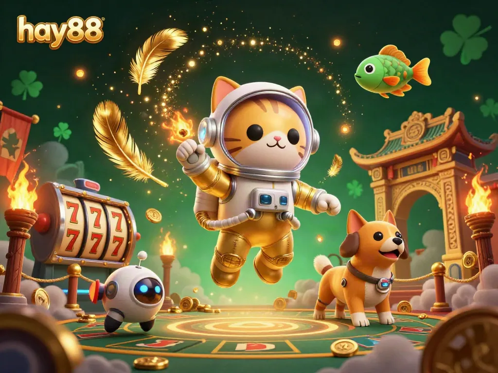 Celebrate chance with the dynamic hay88 casino scene featuring an astronaut cat and thrilling slot elements.