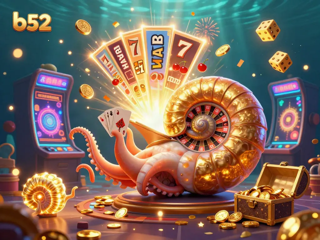 Experience the vibrant b52 casino scene featuring a giant nautilus as a roulette wheel, dynamic game elements, and gold treasures.