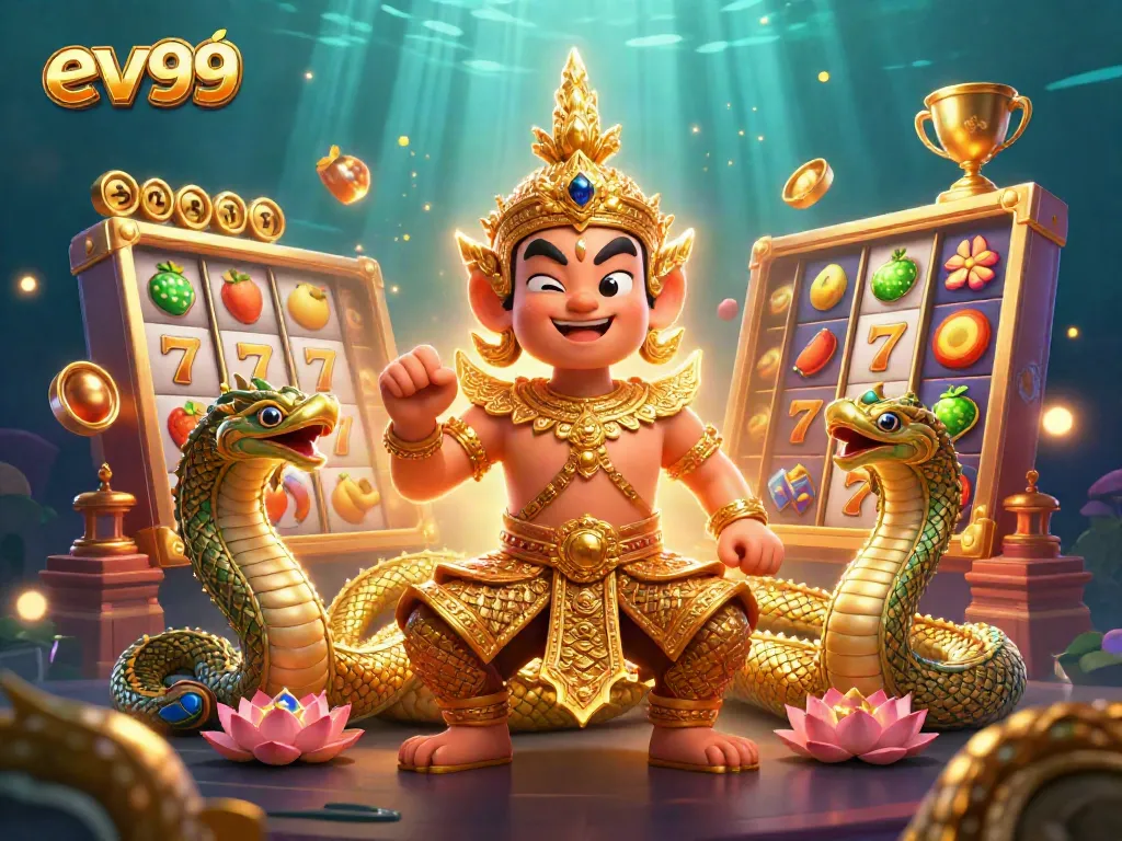 Experience thrilling gameplay elements at ev99 with a vibrant 3D cartoon scene featuring a yaksha guardian, slots, and dynamic jackpots.