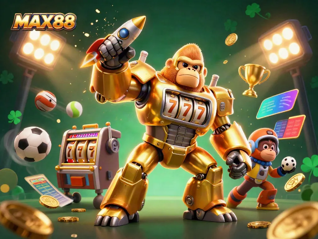 MAX88 showcases an exciting 3D golden gorilla mech, symbolizing thrilling sports betting action with vibrant visual elements.