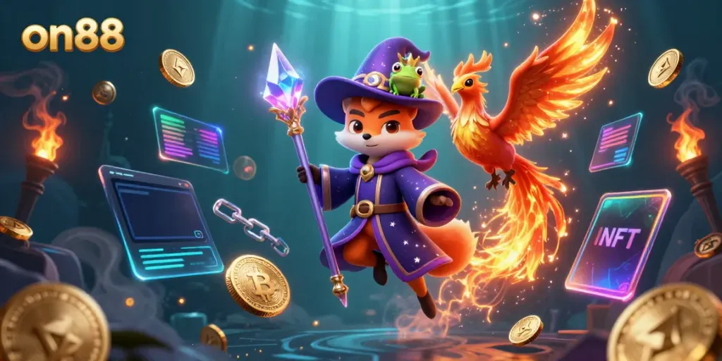 Experience the magical on88 adventure with a wizard fox and phoenix amidst vibrant gaming elements.