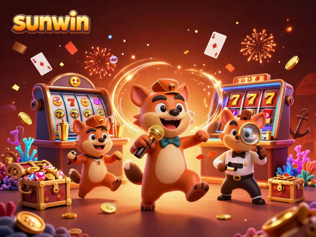 Engage with sunwin's vibrant casino experience featuring animated hyenas at a comedy club.