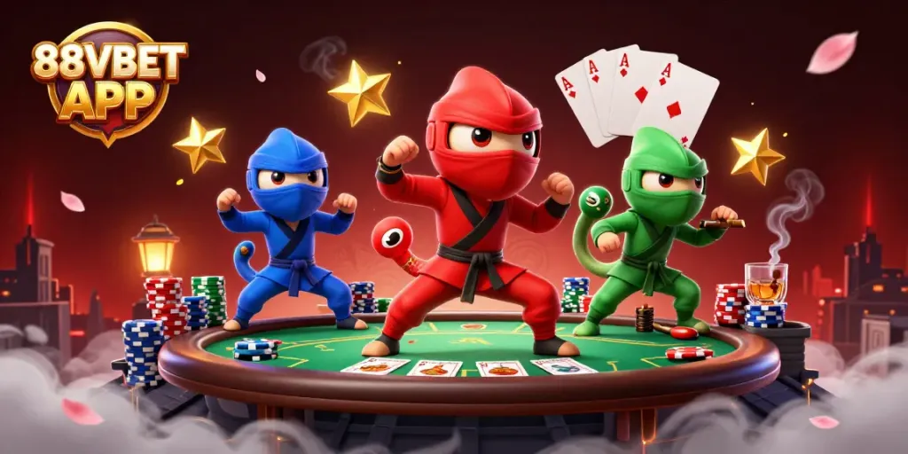 Experience thrilling action with the 88VBET APP in this vibrant casino scene featuring ninja chameleons.