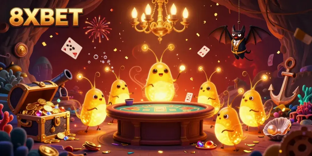 Experience 8XBET's thrilling casino atmosphere with vibrant glowworms and a bat dealer, illuminating your gaming journey.
