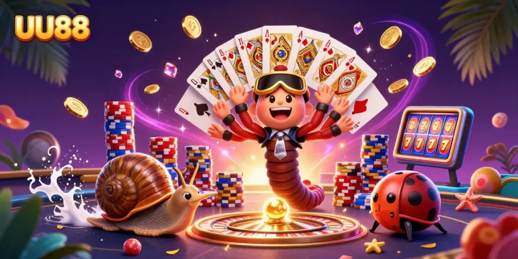 UU88 dealers showcase vibrant casino excitement with cards and colorful chips in a dynamic 3D scene.