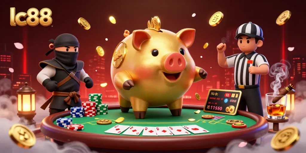 Join the fun at lc88 with a lively scene of casino excitement featuring characters and poker elements.