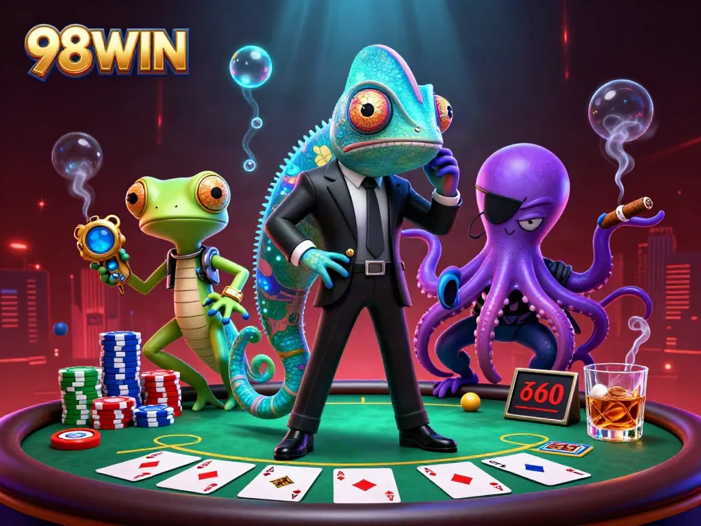Engage with thrilling gameplay at 98WIN featuring interactive chameleon, gecko and octopus characters amidst poker elements.
