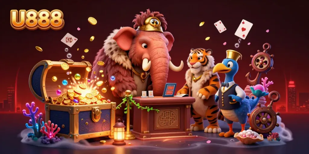 Experience thrilling moments at U888, with vibrant characters and dynamic casino elements in action.