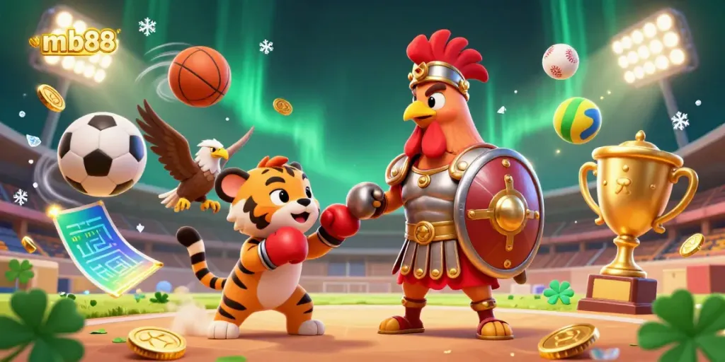 Engage with mb88, featuring a lively 3D casino scene with a rooster and tiger cub surrounded by sports balls and gold coins.
