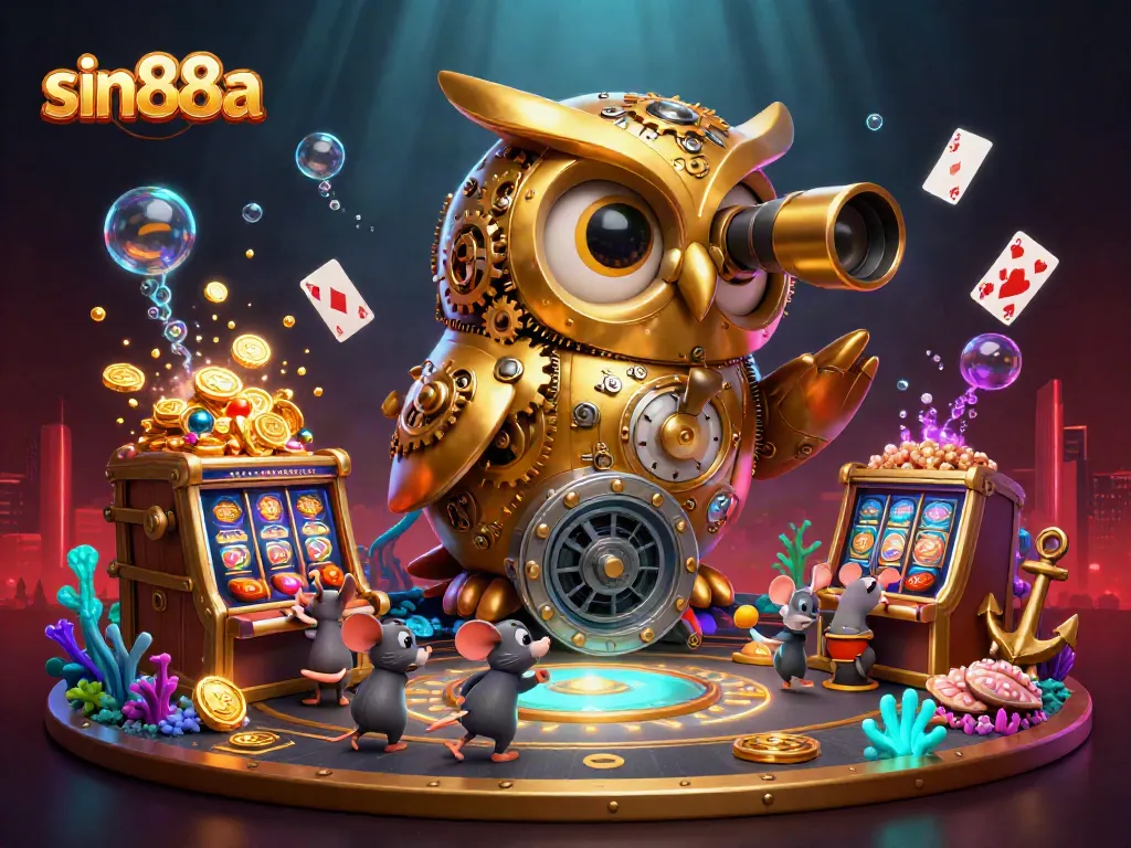 Experience the excitement of sin88a with our vibrant casino scene featuring a golden owl and thriving slot machines.