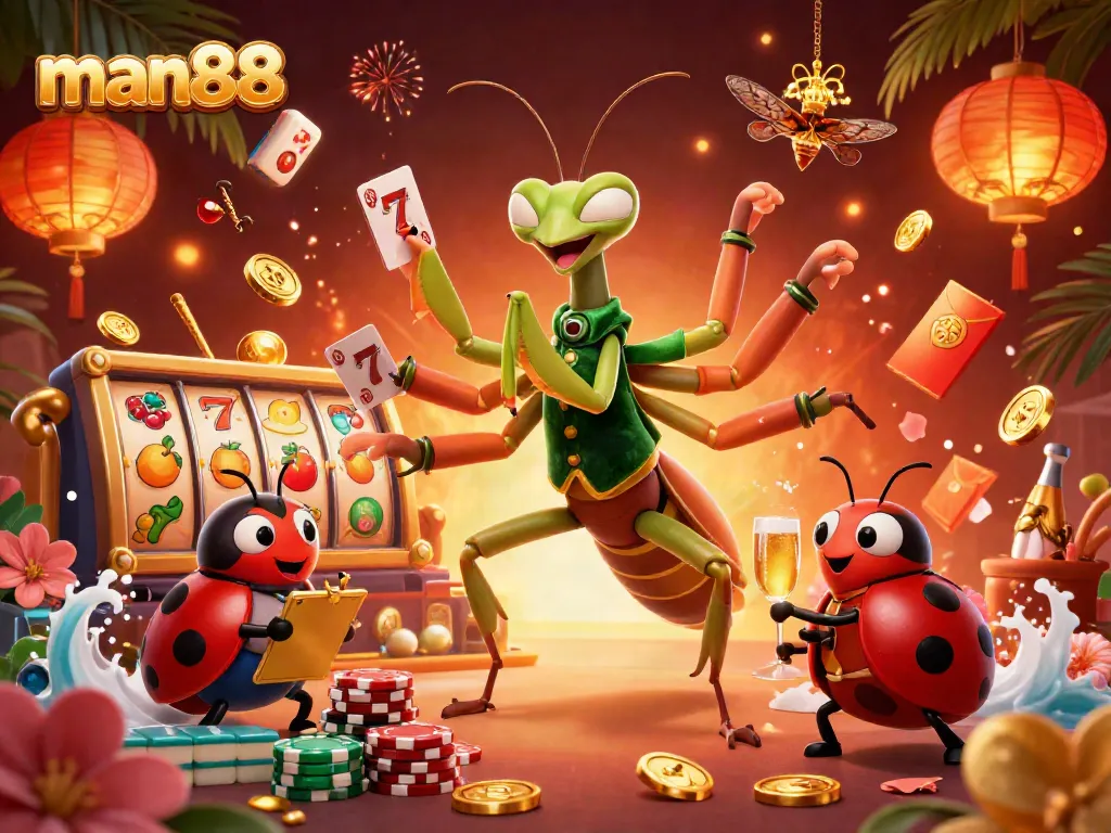 Engaging scene featuring man88, where a giant praying mantis dealer shuffles cards amidst vibrant slot game elements.