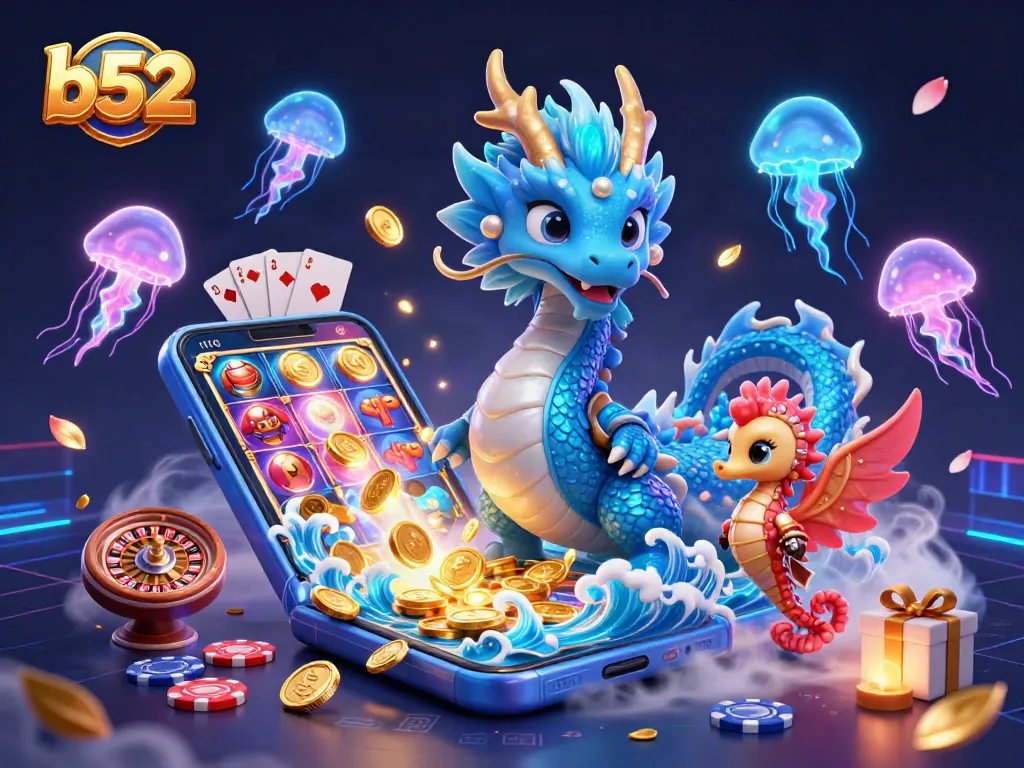 Engage in b52-themed slot action with a vibrant 3D dragon and magical seahorse.