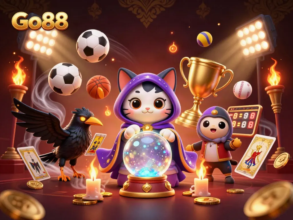 Experience the vibrant world of Go88 with a mystical cat, a tarot raven, and dynamic sports elements.
