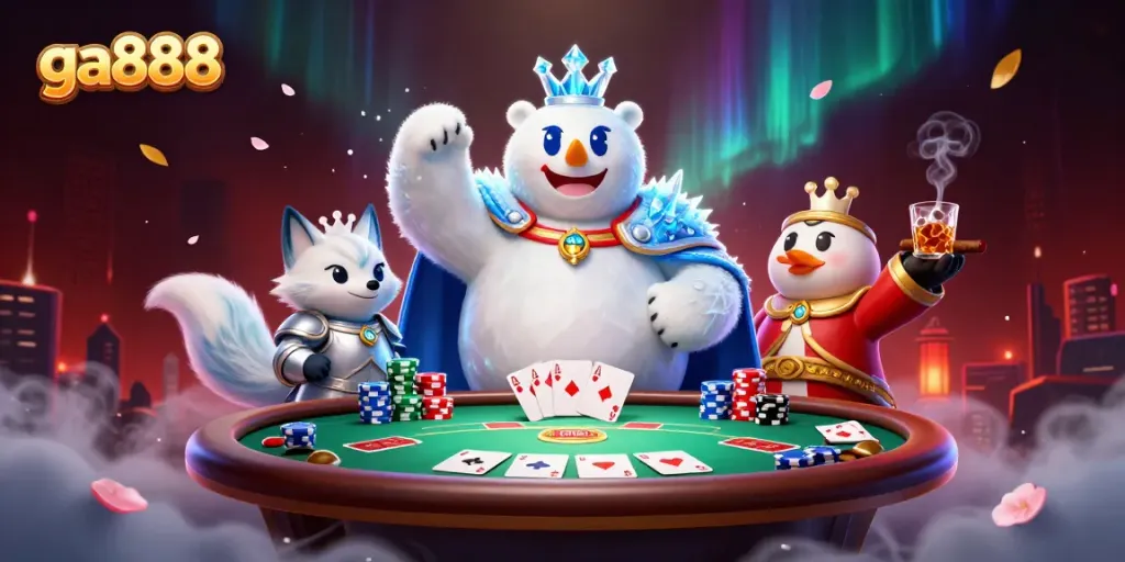 Engage with GA888's thrilling poker scene featuring an ice king and a snow fox, showcasing casino elements.