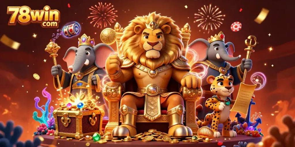 Spin thrilling slots with 78win com alongside a lion king and his advisors in a vibrant casino scene.