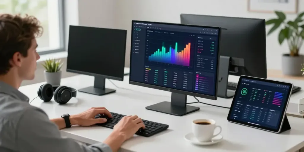 Dynamic workspace scene showcasing cryptocurrency management through https://internet-money.co integration on modern devices.