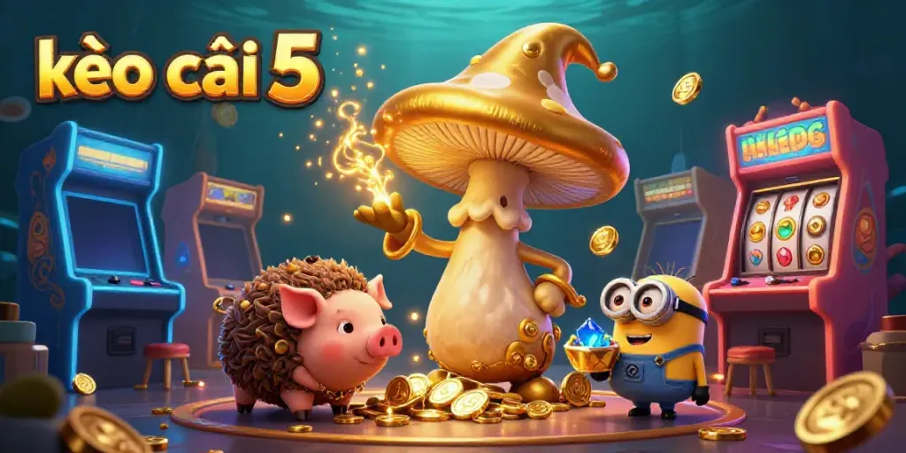 Engage with kèo nhà cái 5 through a magical, vibrant gaming illustration showcasing a golden mushroom wizard and treasure-hunting pig.