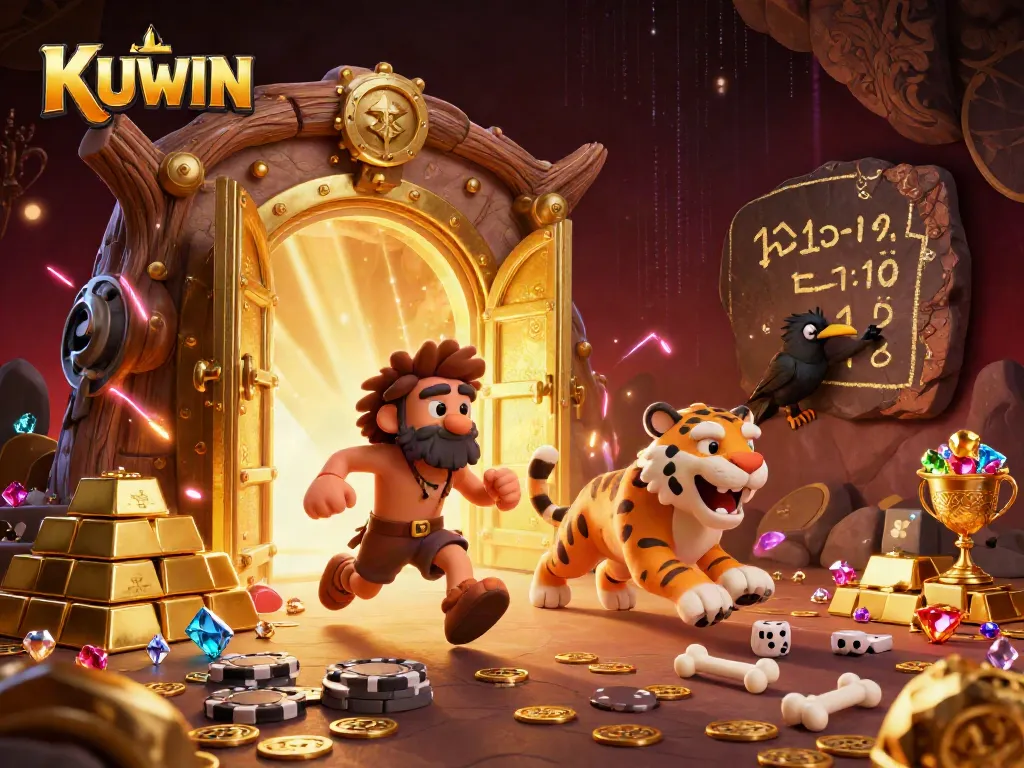 KUWIN casino scene displaying a caveman and sabertooth duo managing an exciting prehistoric gaming experience.