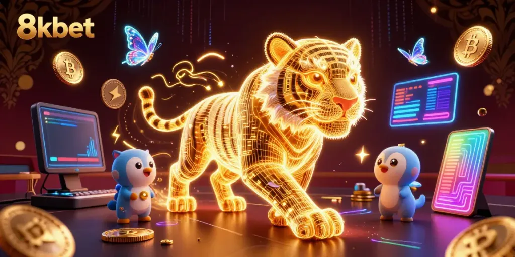 Engage with the vibrant energy of 8kbet, featuring a neon golden tiger within a digital casino landscape.