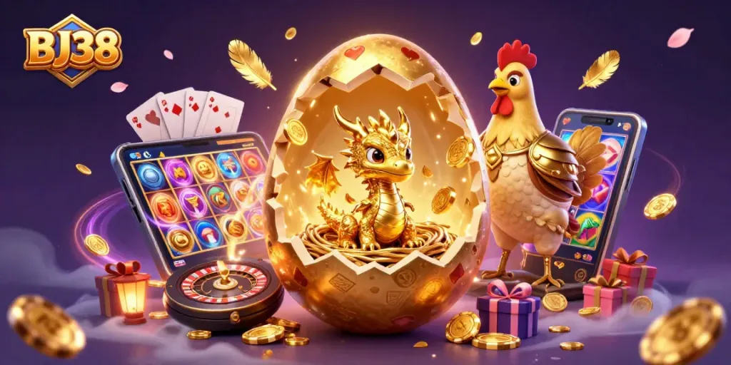 Experience BJ38 with a captivating scene of a golden dragon and poker chips amid casino excitement.