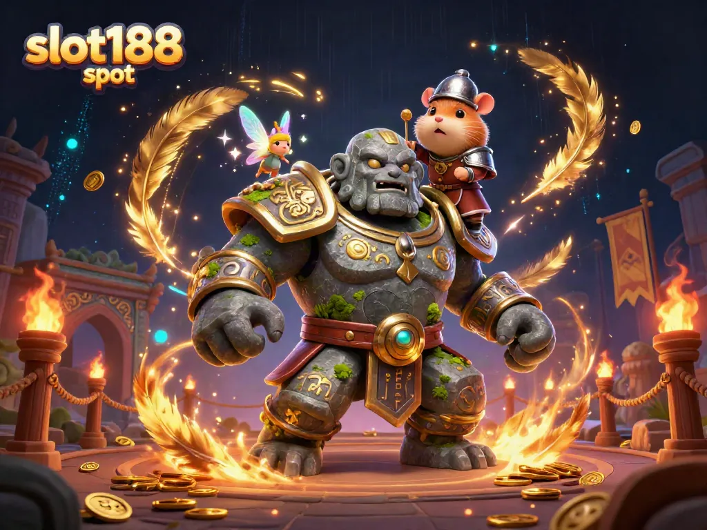 Bermain slot188 slot dengan karakter golem batu dan peri di arena kasino yang berkilau.