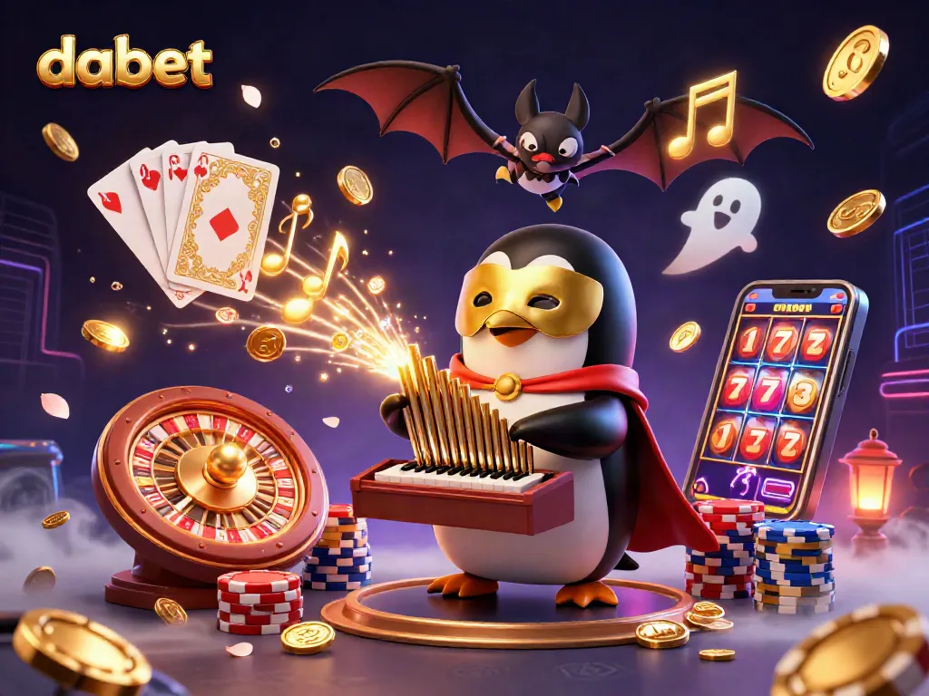 Dabet showcases an exciting 3D scene of casino games, featuring a penguin playing an organ amid flying coins.