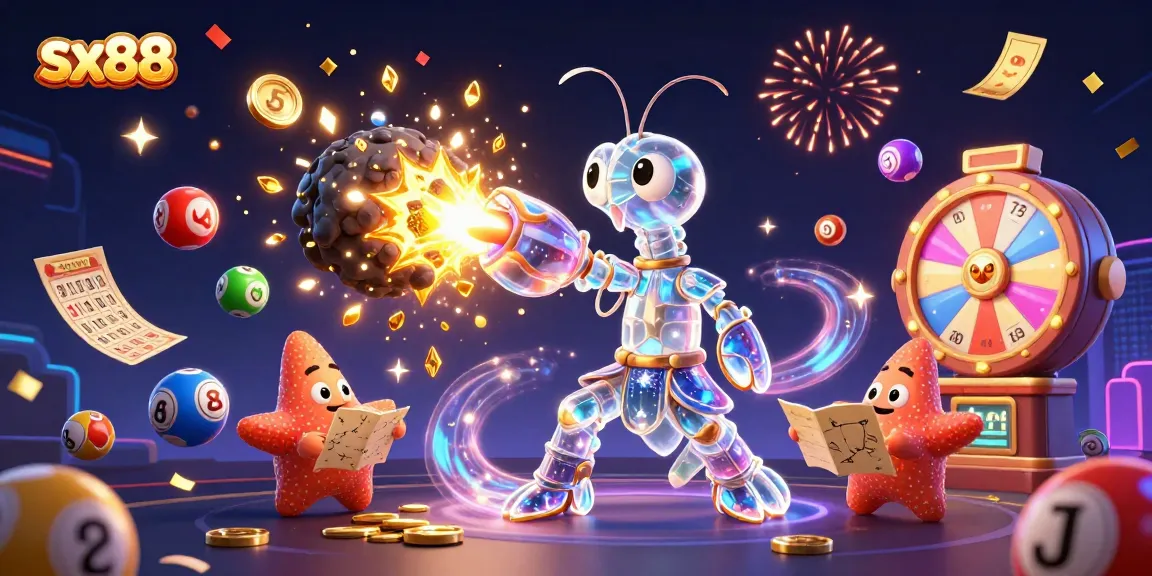 SX88 players engaging with vibrant lottery balls, bouncing tickets, and stunning jackpots in a festive casino atmosphere