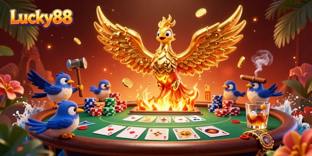 Experience winning moments at Lucky88's vibrant poker scene with molten phoenix and decorative elements.