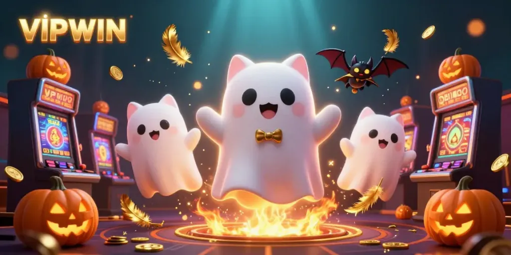 Experience VIPWIN's casino magic with a playful ghost cat and bat in a vibrant scene.